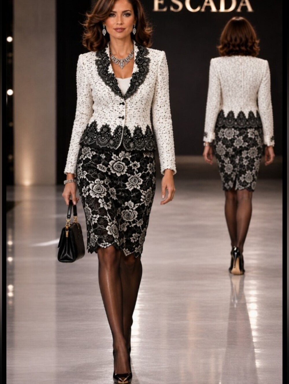 Escada 12 Tweed Boucle Black Ivory White Embroidered Beaded Lace Skirt Suit